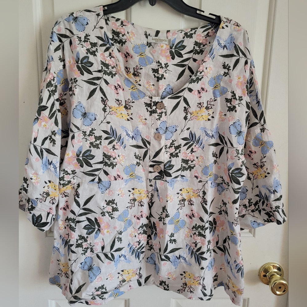 Laura Bianchi 100% Linen Butterfly Floral 3/4 Sleeve Top Size Medium